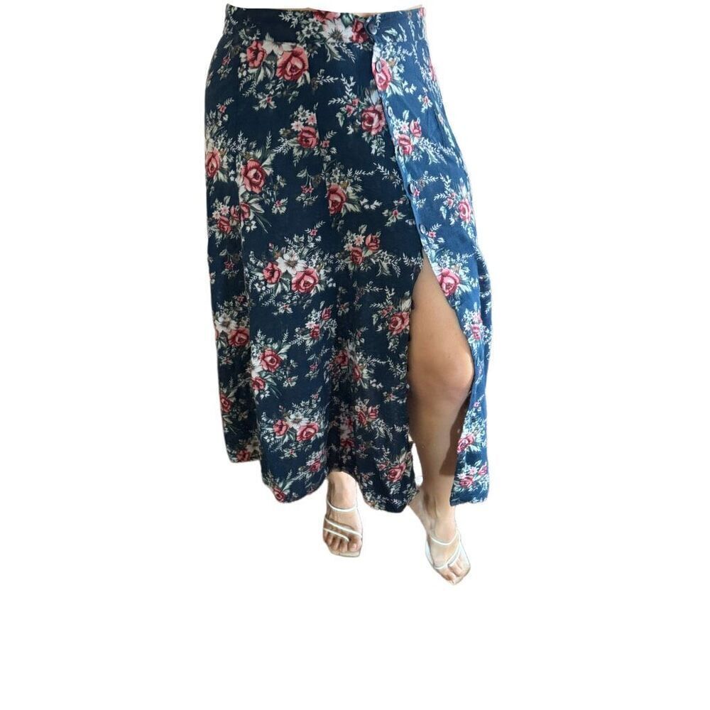 Vintage blue button up maxi skirt floral romantic summer dress womens Honors plu